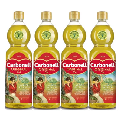 4 botellas 1 l. aceite de oliva suave Carbonell 0,4º por 26,99€.